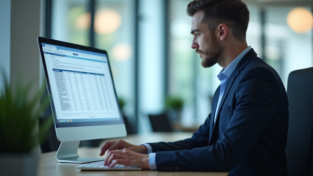 Bankbeamter zeigt auf Laptop-Monitor mit Festgeld-Vergleichstabelle in modernem Büro