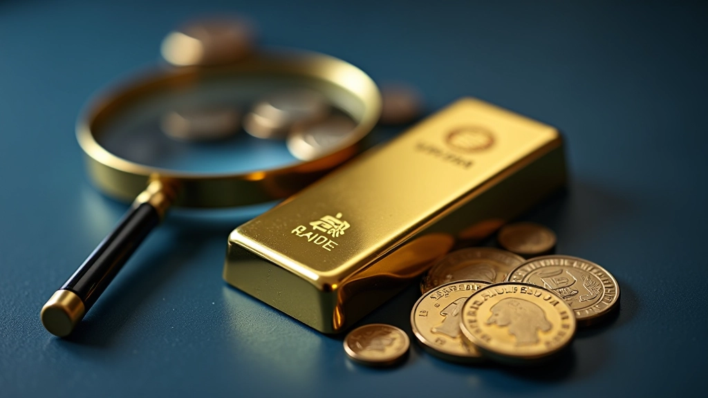 Gold-Barren und Münzen auf dunkelblauem Hintergrund mit Lupe