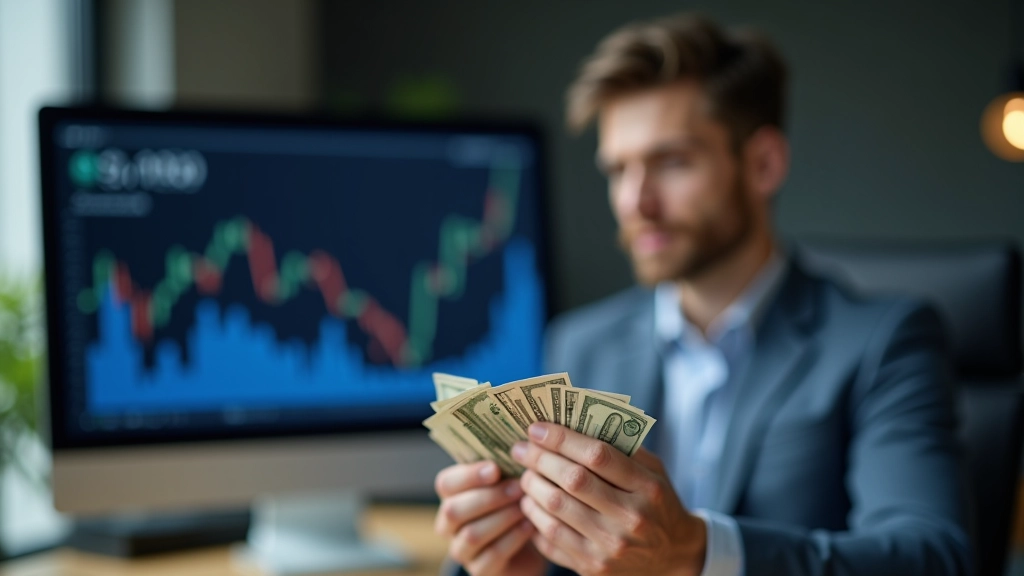 Person hält Geldscheine und Münzen, nachdenklich, mit Inflationsgraph im Hintergrund auf Monitor